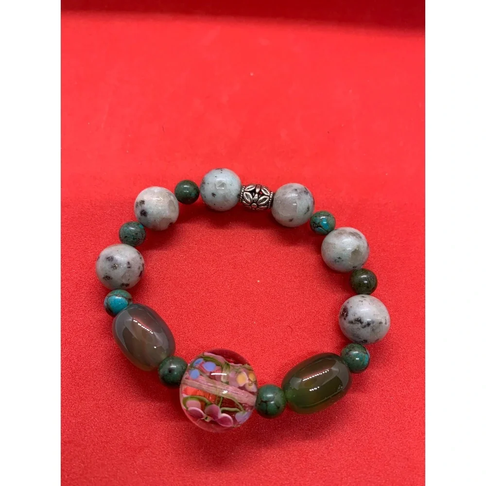 Artisan Floral Lampwork Glass and Mixed Gemstone  Bead Bracelet Green Grey